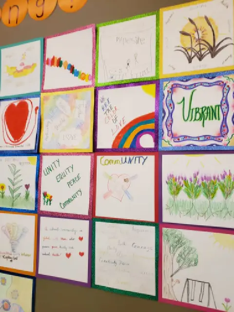 A wall of colorful drawings made by participants